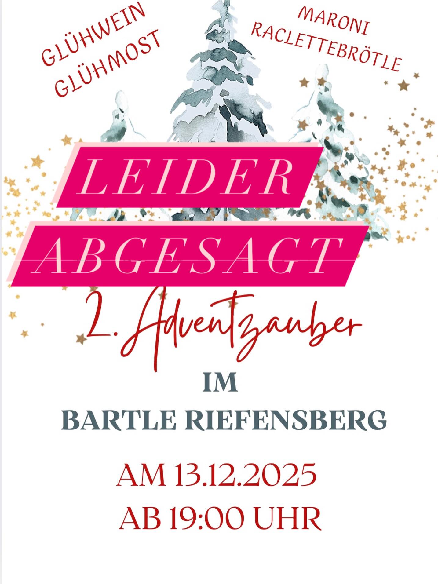 Leider müssen wir heute den Adventszauber absagen 🥺 nächsten Freitag findet er aber wieder statt … bitte um euer Verständnis 🤗