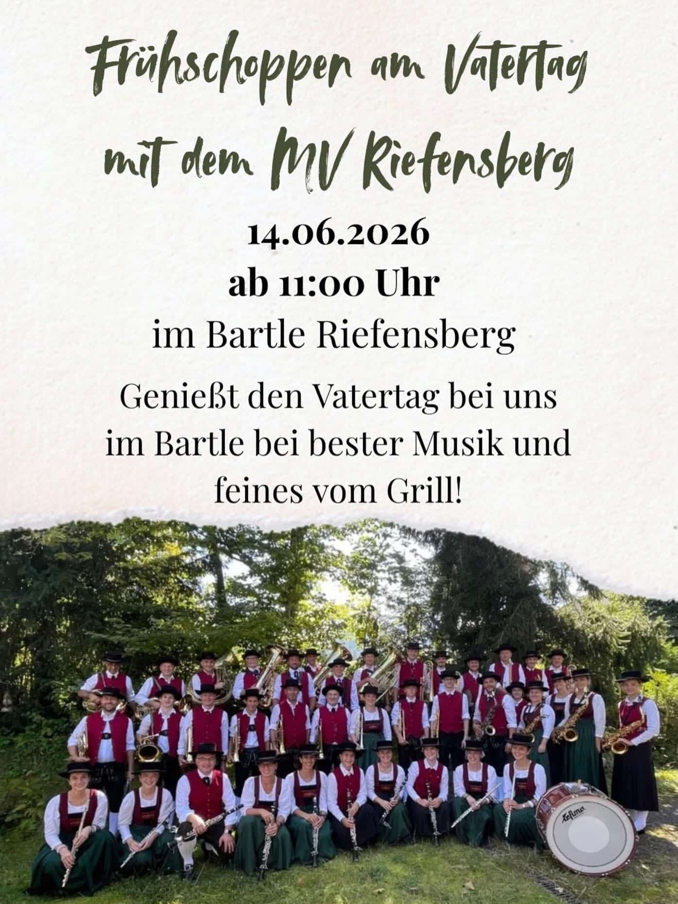 Vatertag mal anders!!! Kommt virbei und genießt kühle Getränke und feines vom Grill bei guter Musik vom @mvriefensberg! Wir freuen uns 🤩 #frühschoppen #vatertag #fein #gmüatle